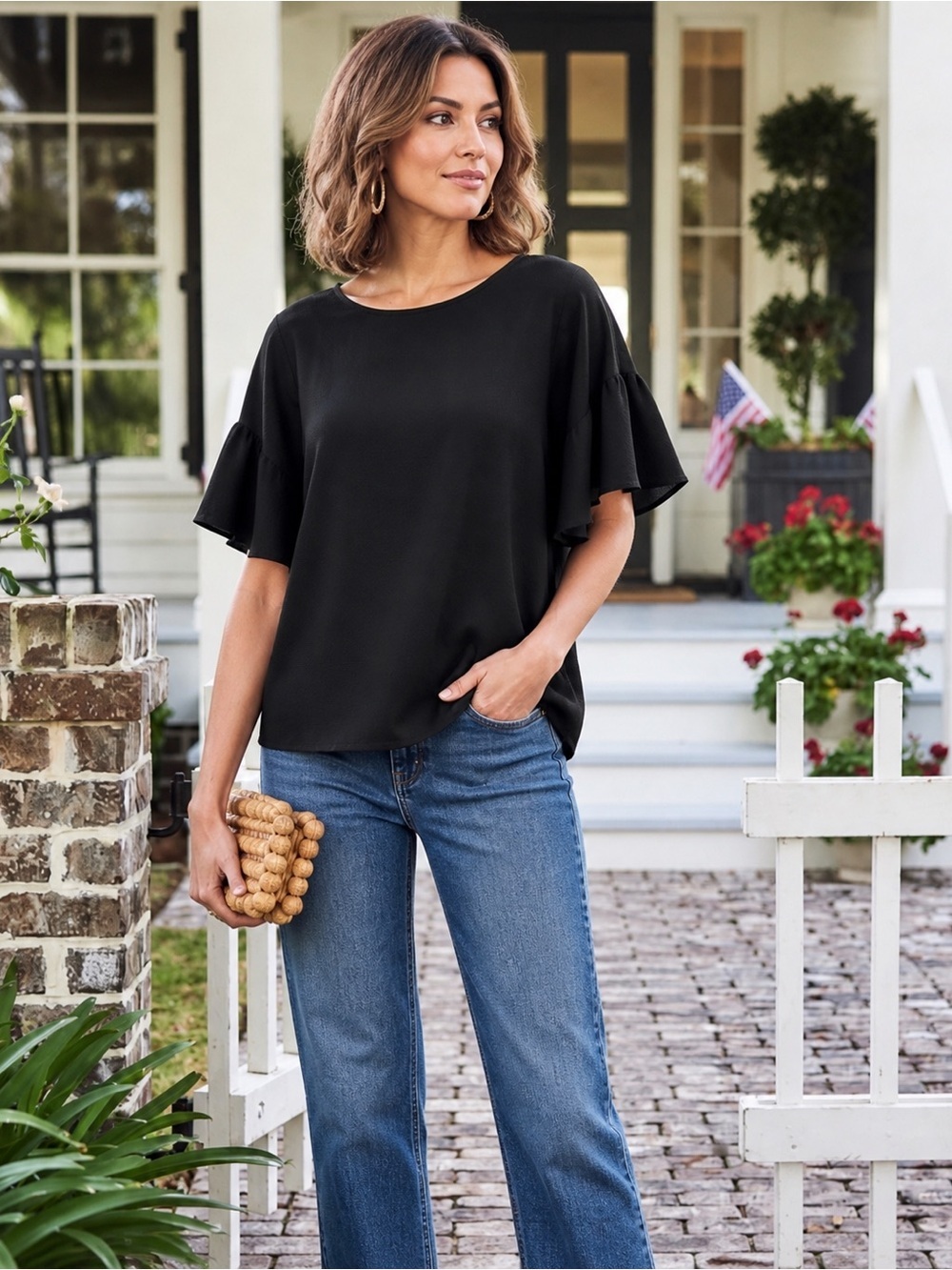 Women’s Short Sleeve Black Blouse Ruffle Sleeve Career Office Nice Formal Casual